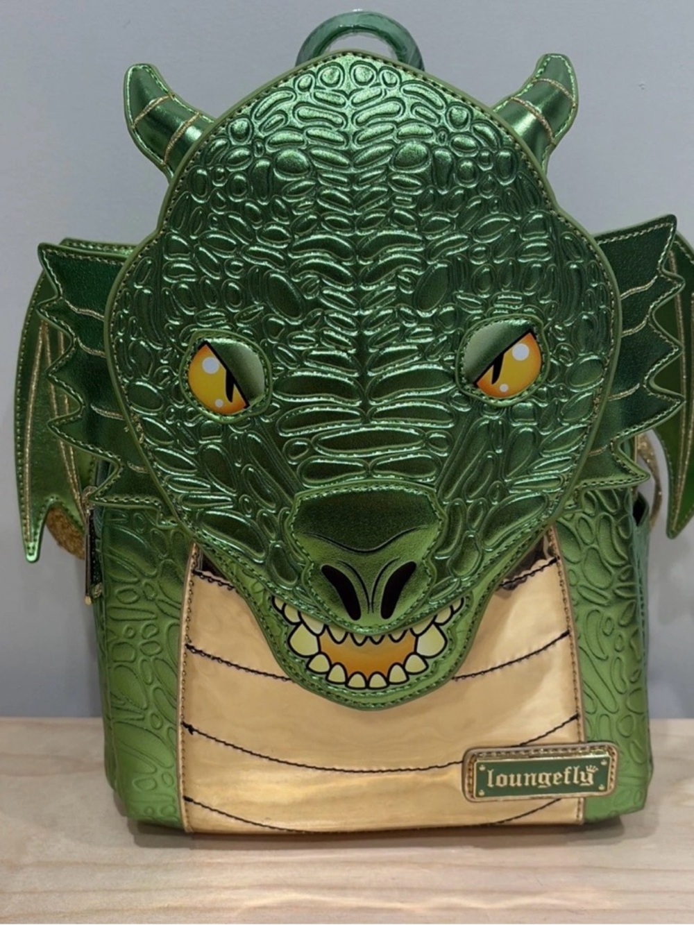 Loungefly Metallic Green Dragon Mini Backpack with Gold Belly